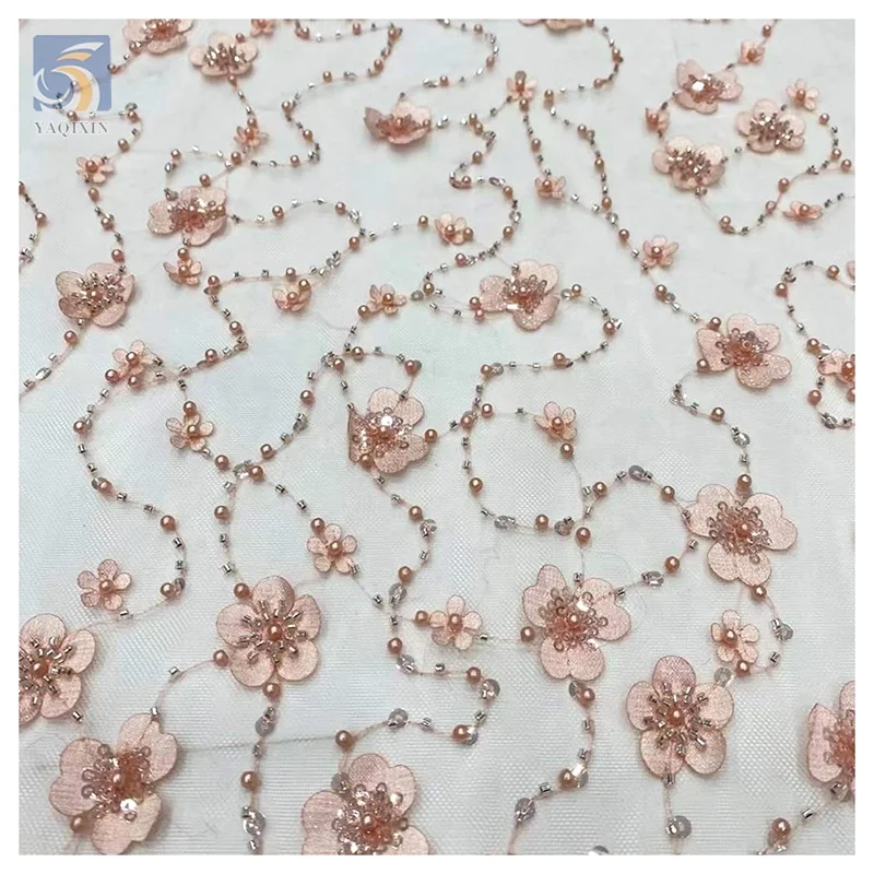 Wholesale Custom 3D Plum Blossom Floral Embroidery Sequin Lace Fabric French Beaded Embroidery Bridal Dress Fabric - 图片 6