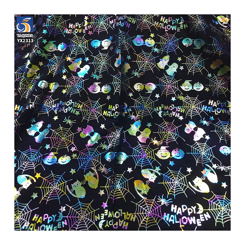 Pumpkin Witch Bat Goblin Pattern Design Shiny Foil Printing Fabric Tulle Mesh Soft Black Polyester Fabric Halloween Kids Fabric - 图片 2