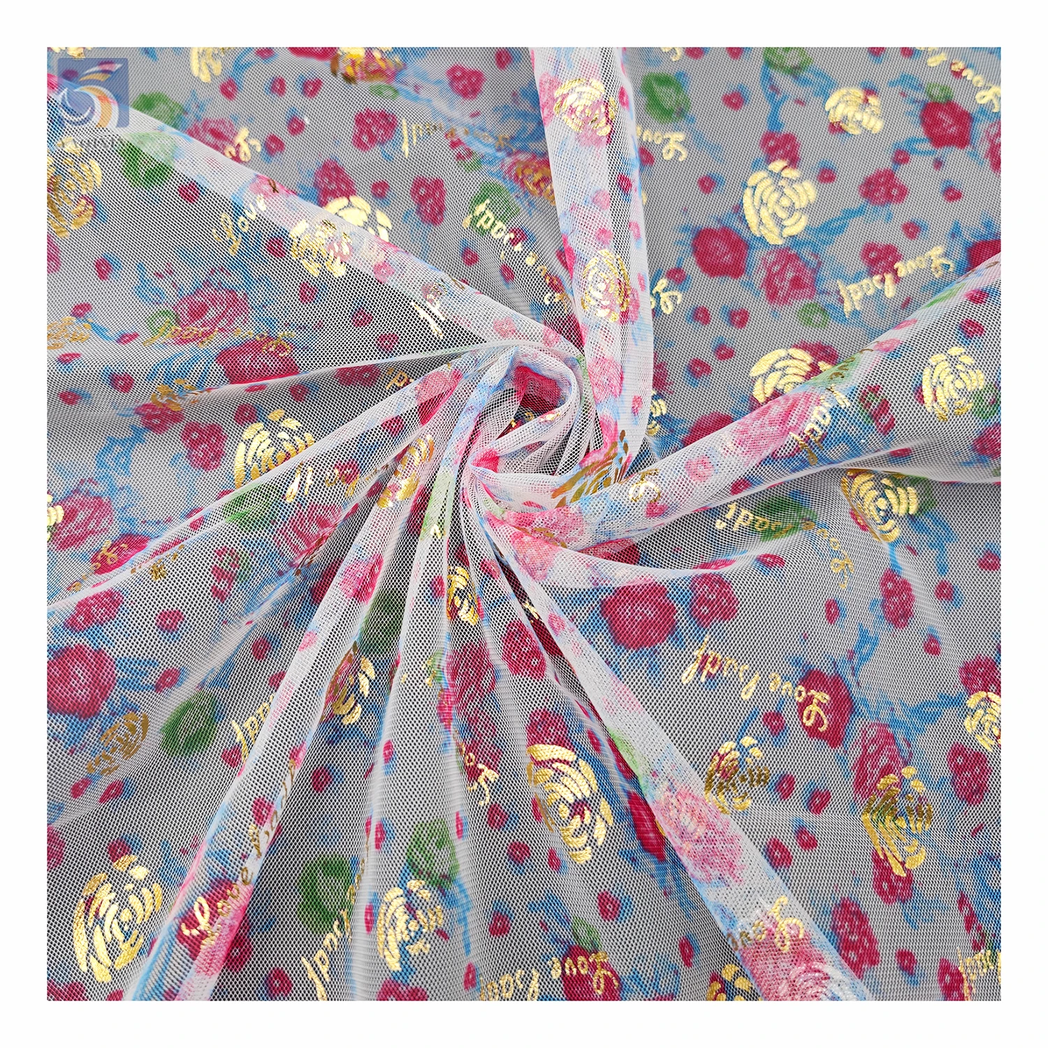 KT20 New Fashion Glitter Rose Flower Gold Printed Tulle Mesh Fabric with Digital Print Floral Tulle - 图片 6