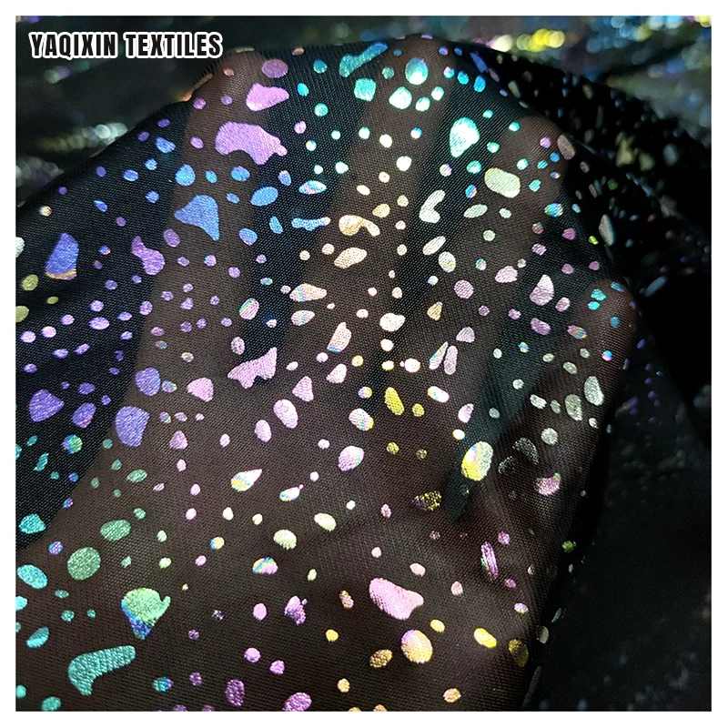 YX2234 New Fluorescent Effect Black Soft Polyester Colorful Glitter Mesh Tulle Fabric Knit Reflective Luminous Mesh Fabric