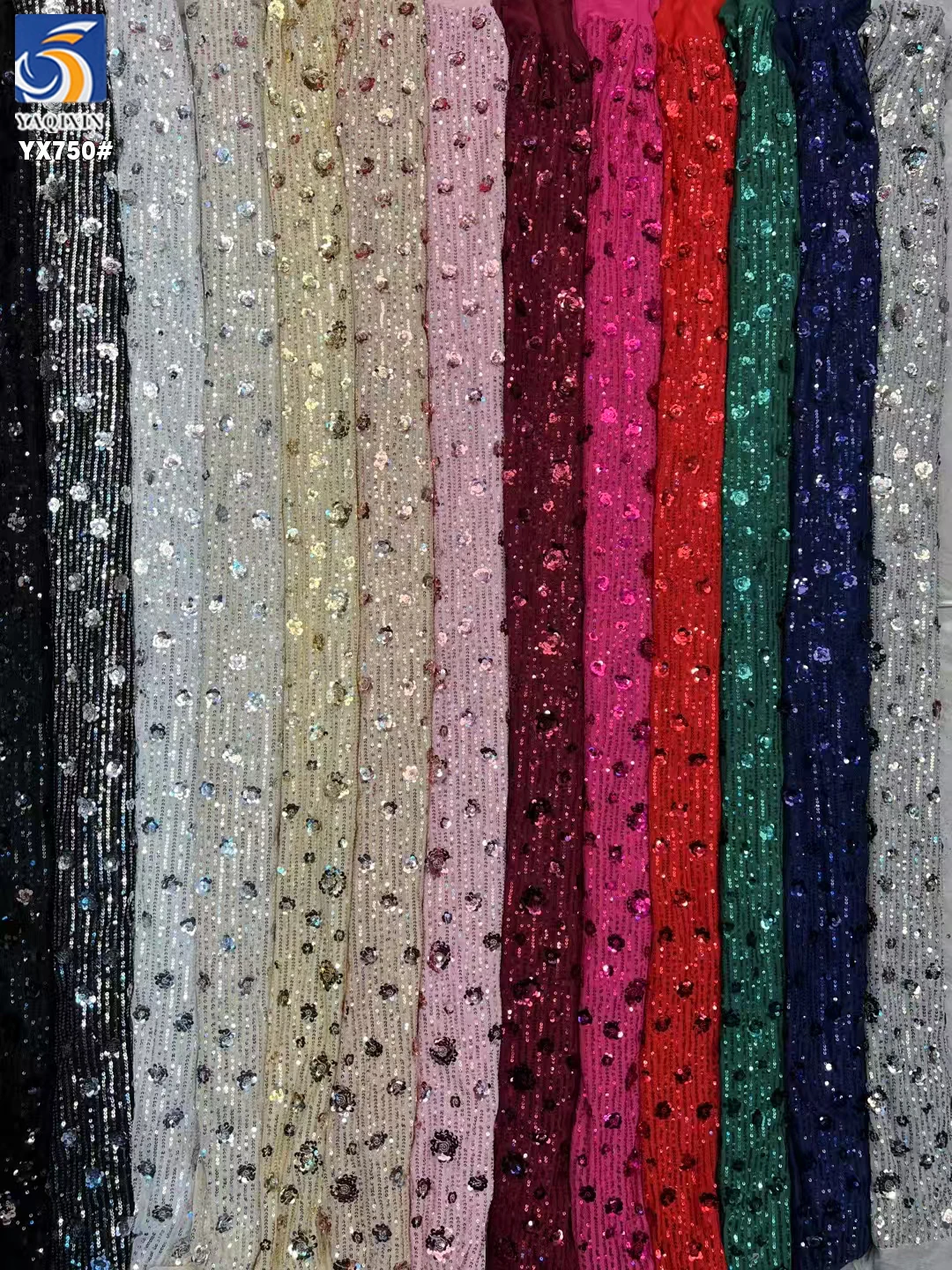 YX750 2026 Latest 3MM Elastic Mesh Sequin Flower Fabric 200gsm Rose Pattern Metallic Sequined Fabric for Skirts - 图片 4