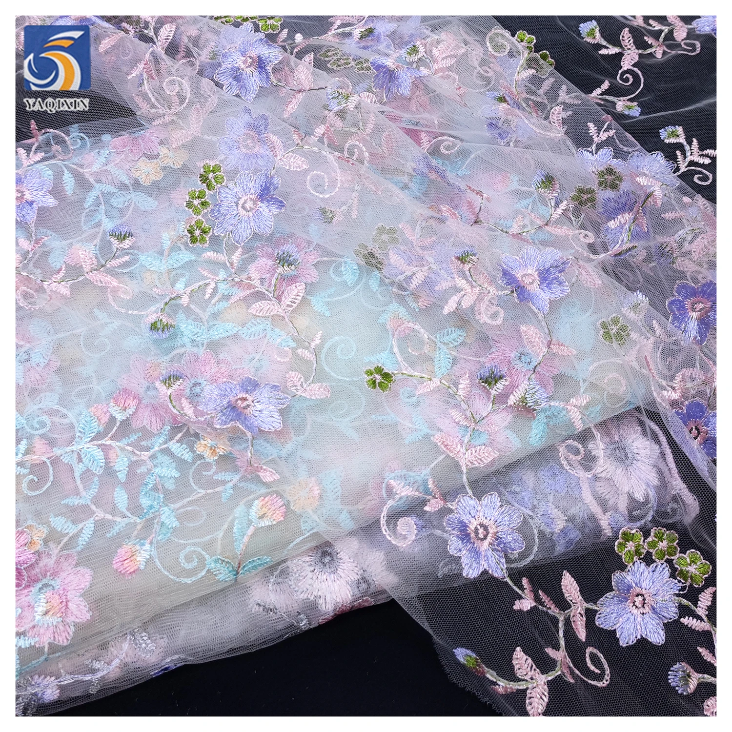 YX242 Multicolor Maple Leaf Custom 100% Polyester Tulle Floral Embroidered Net Fabric Wholesale - 图片 6