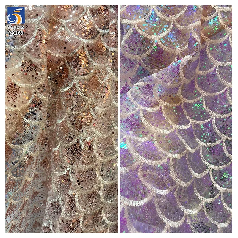 YX269 Beautifully Customized Polyester Lace Tulle Fish Scale Design Colorful Gradient Sequins Embroidered Lace Fabric for Girl - 图片 3
