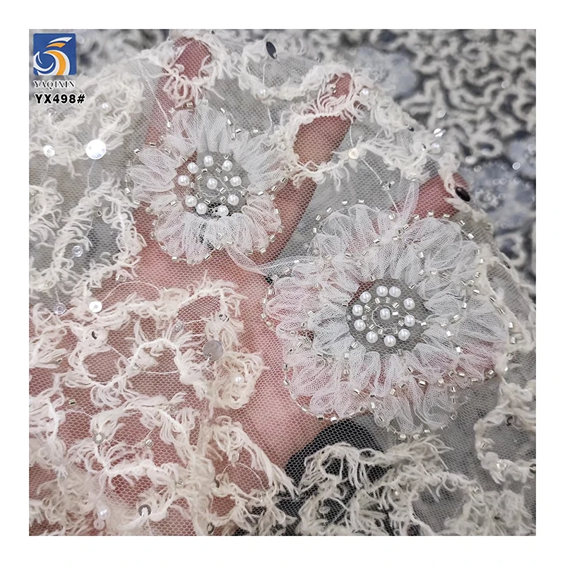 YX498 Hot Selling New Fabrics Bride 3D Lace Fabric With Sequin Flower Pearl Wedding Mesh Net Fabric