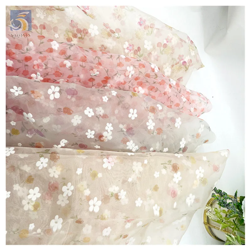 Stock Yards Soft 100% Nylon Organza Fabric Flocking Floral Flower Pattern Organza Fabric for Dress Christmas - 图片 3