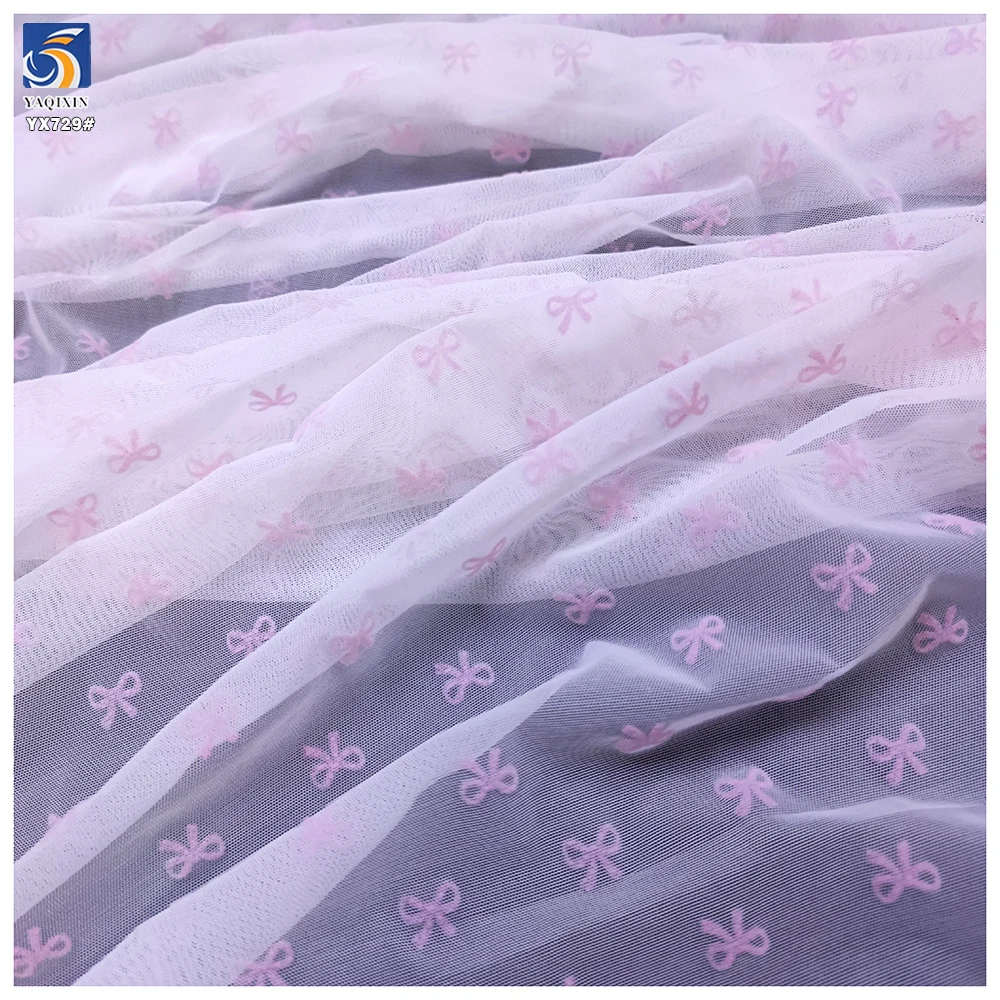 YX729 Christmas Pink Bow Tie Flocked Tulle Fabric 92 Nylon 8 Spandex Stretch Net Mesh Flocking Fabric for Lingerie Dress - 图片 4
