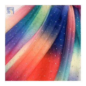 YX2691 Ready Stock Multi-Color Rainbow Digital Printing Ombre Rhinestone Tulle Fabric Mesh With 3D Beads