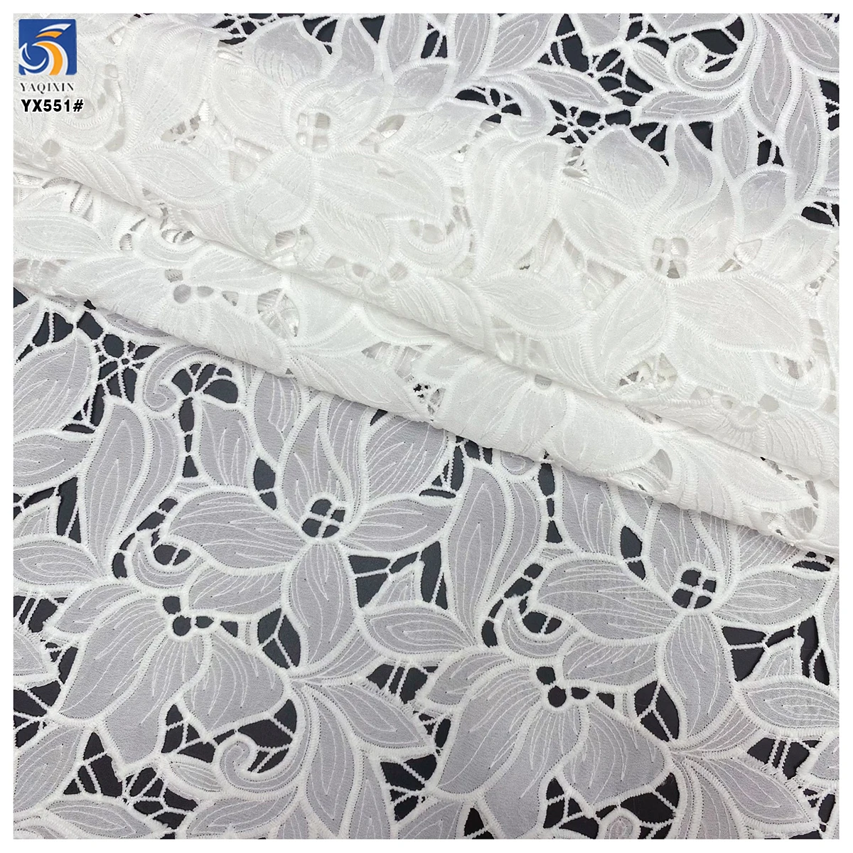 YX551 2025 Custom Dyed White Lotus Leaf Embroidered Fabric 100% Polyester Milk Silk Lace Embroidery Fabric - 图片 4
