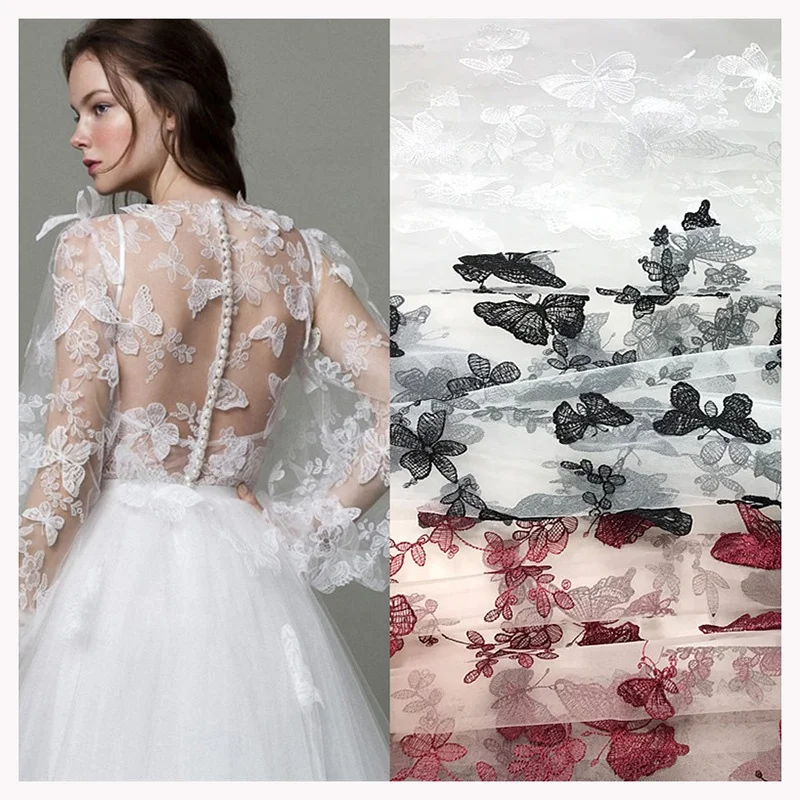 CXT004 Fashion 3D Butterfly Floral Embroidered Tulle Lace Fabric Bridal Gowns Dress Fabric