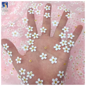 YX728 White Film Printing Florals Tulle Fabric White Floral Plum Blossom Printed Polyester Mesh Fabric for Dresses Pattern