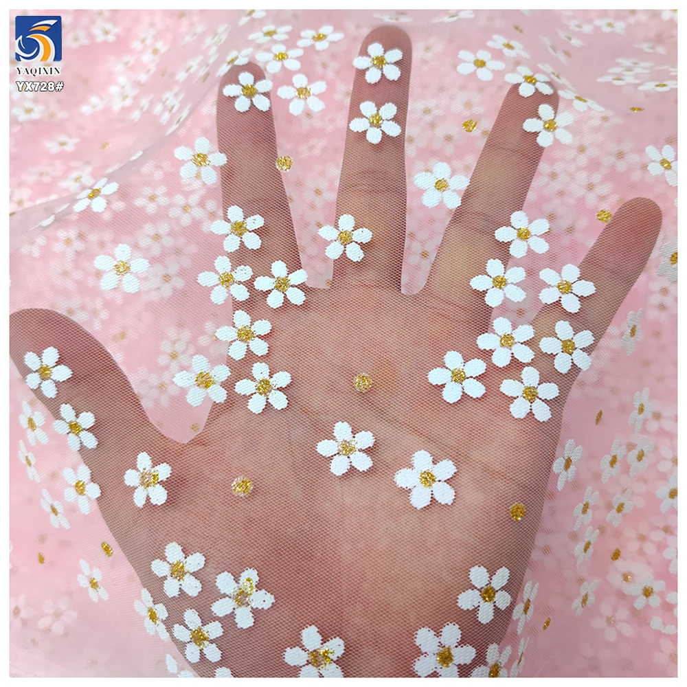 YX728 White Film Printing Florals Tulle Fabric White Floral Plum Blossom Printed Polyester Mesh Fabric for Dresses Pattern