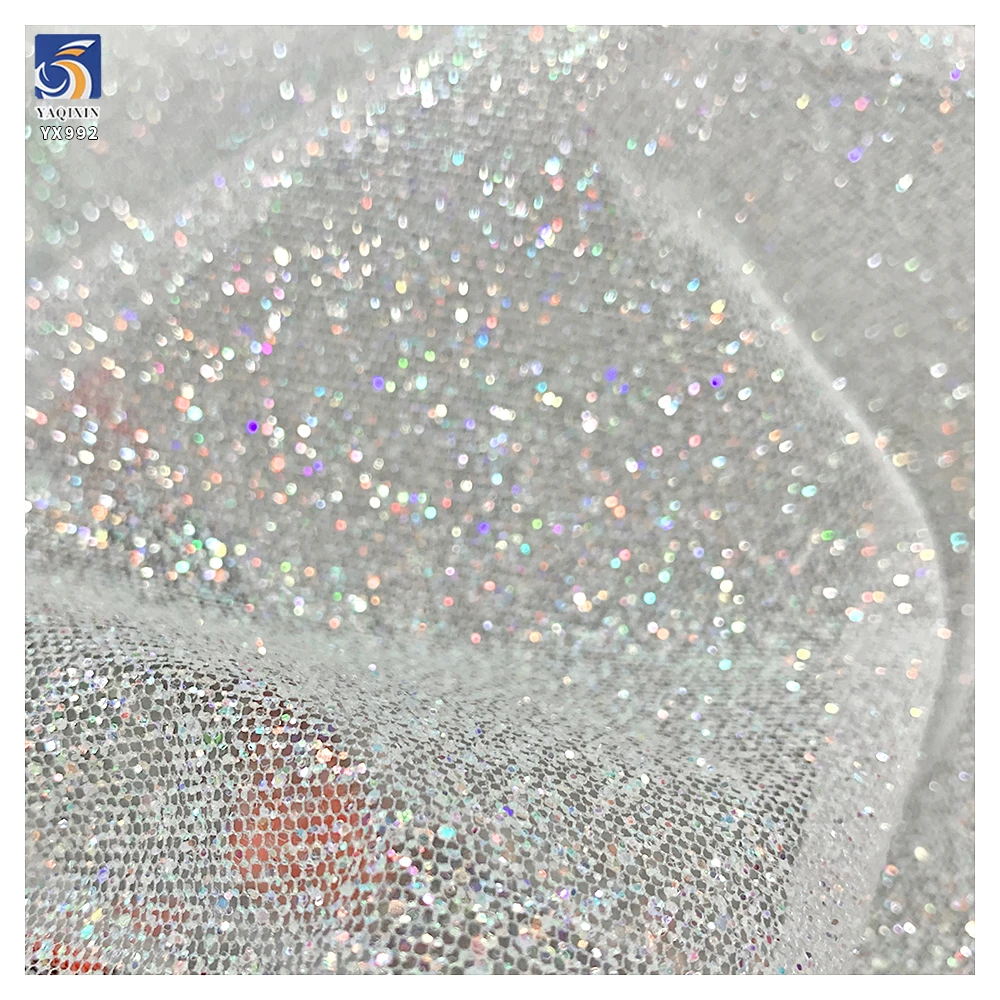 YX992 2026 Holographic Super White Dust Glitter Tulle Fabric Soft Flash Spark Glitter Mesh Wedding Bride Fabrics Wedding - 图片 2