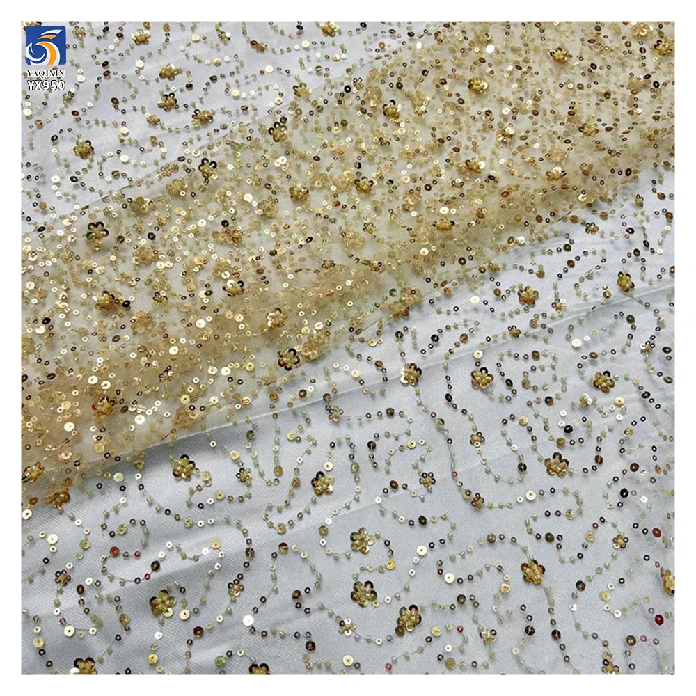 YX950 Cheap Embroidery Multicolor Sequins Beads Lace Fabric Textiles Online Wholesale Mesh Sequins Embroidered Lace Fabric - 图片 4