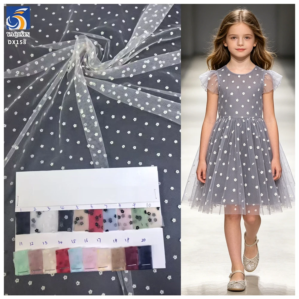DX158 Hot White Soft Small Floral Flocked Tulle Mesh Fabric Nylon Tulle for Dress