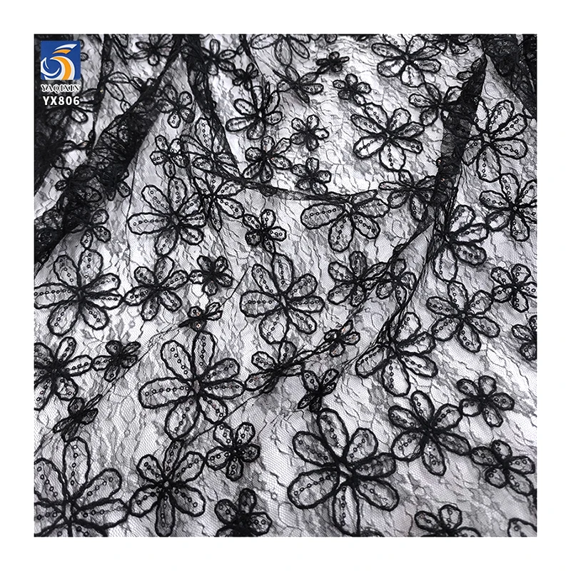 YX806 100 Polyester Lace Embroidery Cord Embroidery Chantilly Lace Fabric Black Floral Embroidered Mesh Skirt Fabric for Women - 图片 4