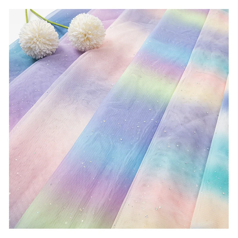 GT001 Multicolored Rainbow Gradient Tulle Mesh Net Fabric Glitter Sequin Rhinestones Wedding Dress Design for Outdoor Use - 图片 3