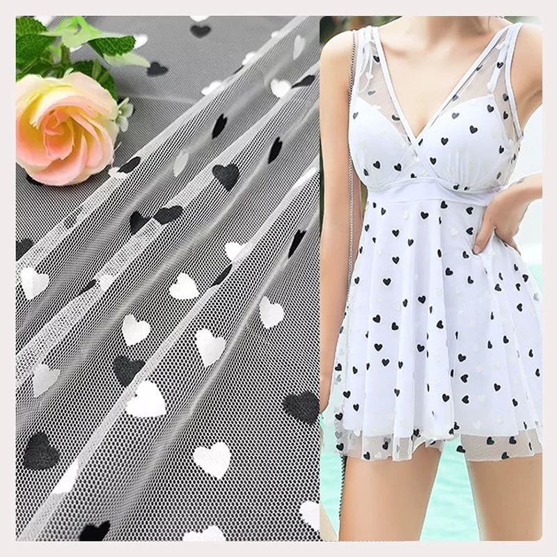 KT005 Black and White Two-Color Digital Printing Heart on 100%Polyester Tulle Mesh Net Fabric - 图片 3