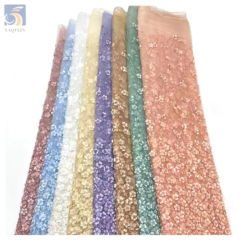 Wholesale Custom 3D Plum Blossom Floral Embroidery Sequin Lace Fabric French Beaded Embroidery Bridal Dress Fabric - 图片 4