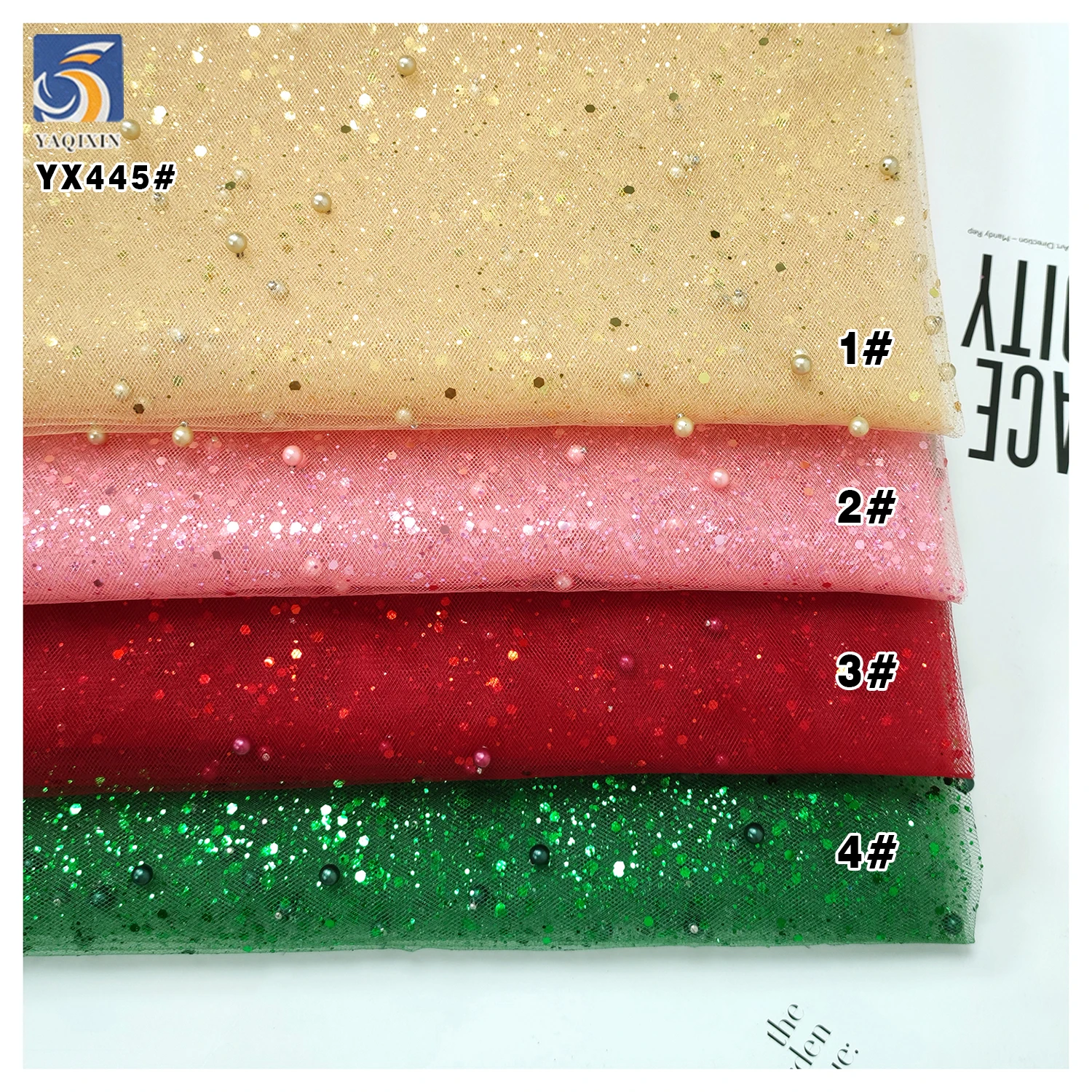 YX445 American Custom Polyester Mesh Fabric Hard Tulle With 3D Pearls and Sequins for Headdress Dress Fabric - 图片 6
