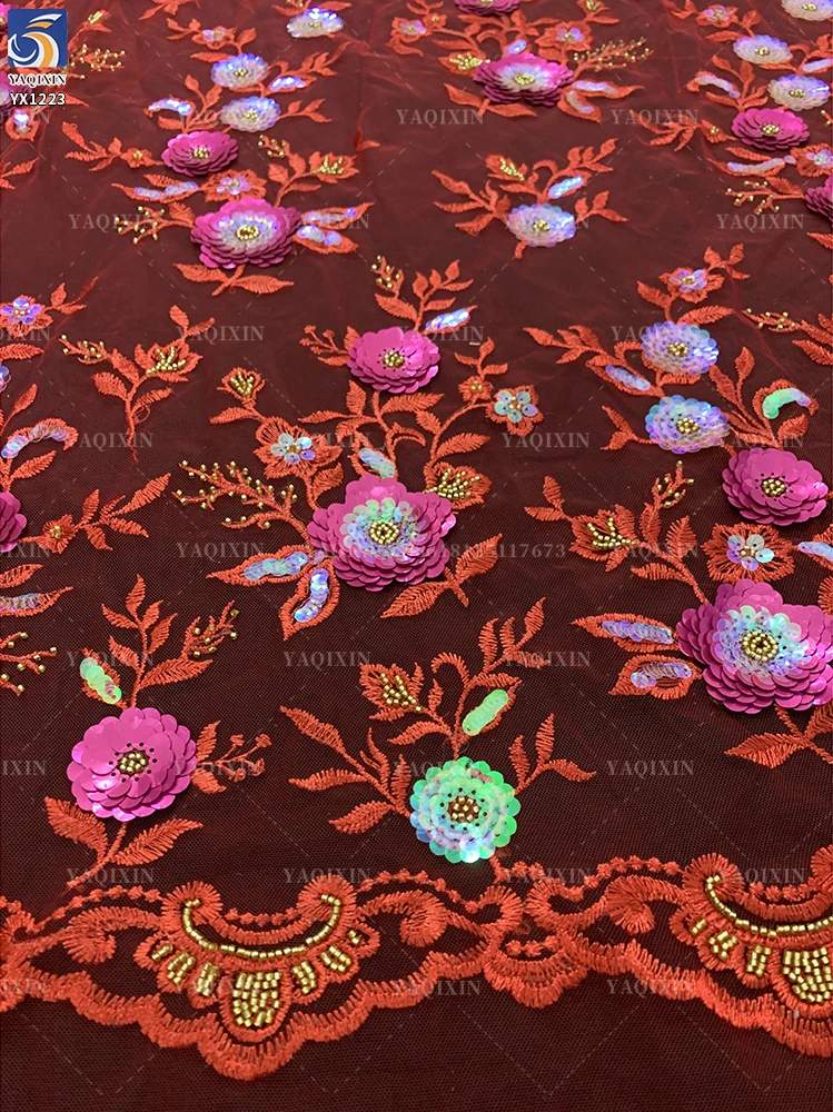 YX1223 Burgundy French Embroidered Lace Textile Fabric 3D Floral Embroidered Tulle Lace Fabric With Competitive Prices - 图片 6
