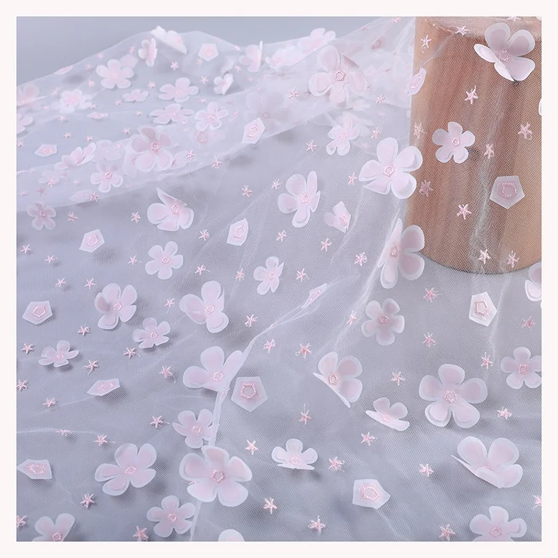 TDS11-1 Pink Stereo 3D Floral Design Tulle Lace Embroidered Fabric Lace Spring Dress Fashion Fabric - 图片 3