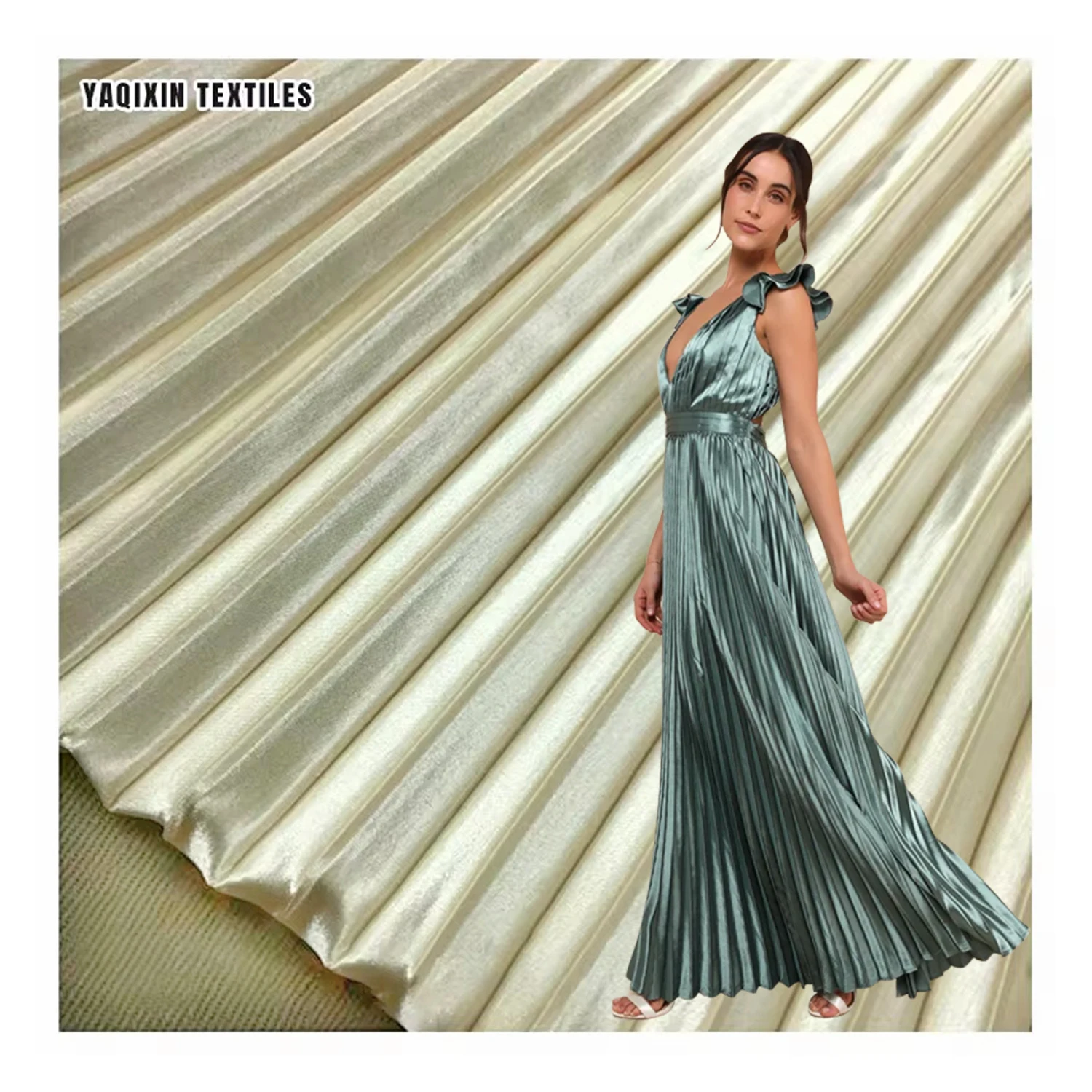 Golden Polyester Shiny Accordion Pleated Satin Fabric High-End Opaque Dress Duchess Satin Like Silk Fabric