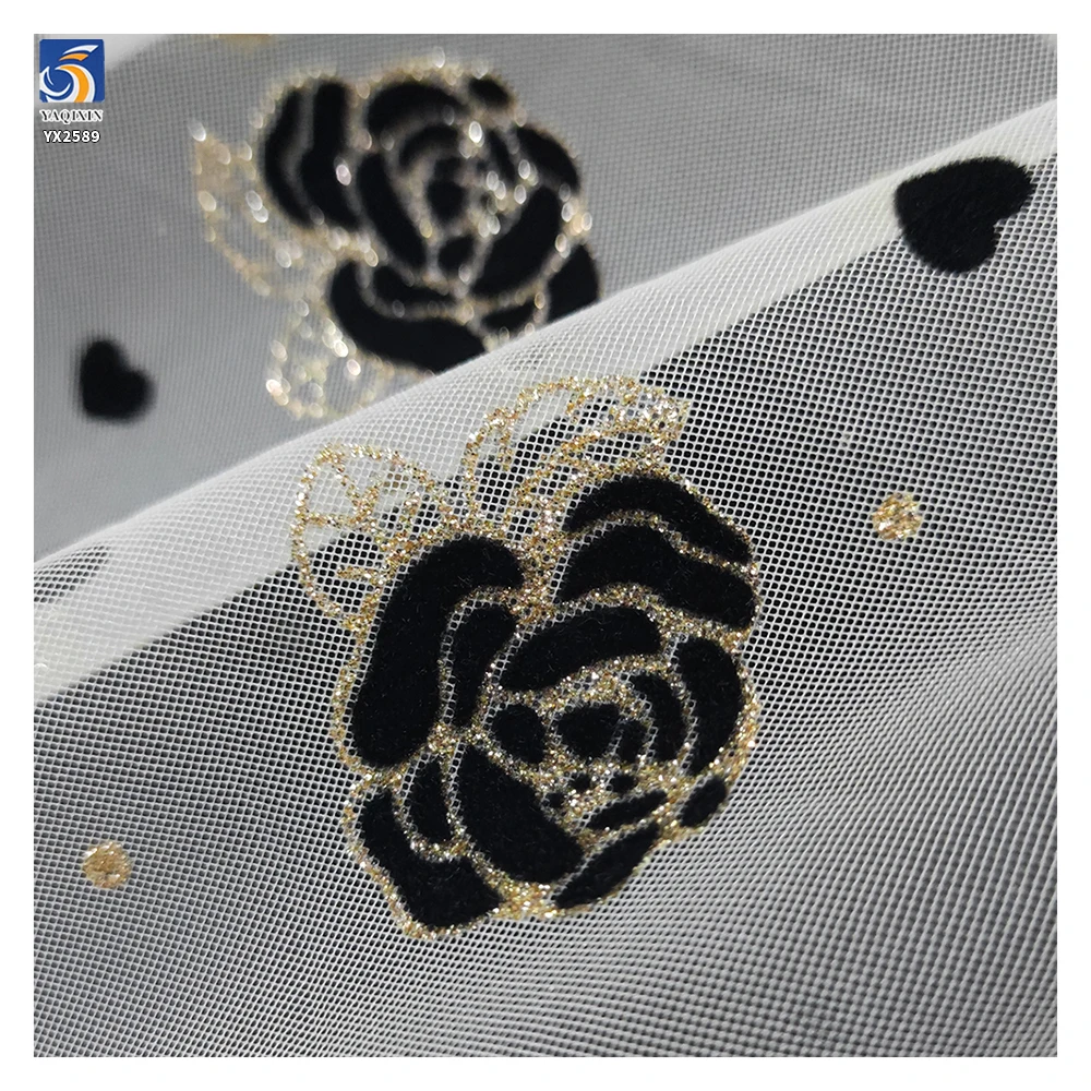 Latest Flashy Tulle Fabric Black Gold Glitter Rose Flowers Flocked Mesh Fabric Tulle 5 Yards High Quality - 图片 4