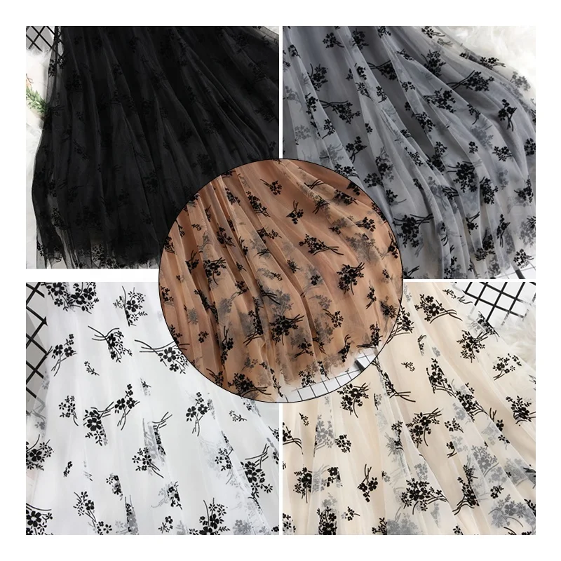 ZRT006 Fashion Fairy Style Black Floral Design Flocking Tulle Fabric Polyester Flocked Floral Mesh Fabric for Dress - 图片 5