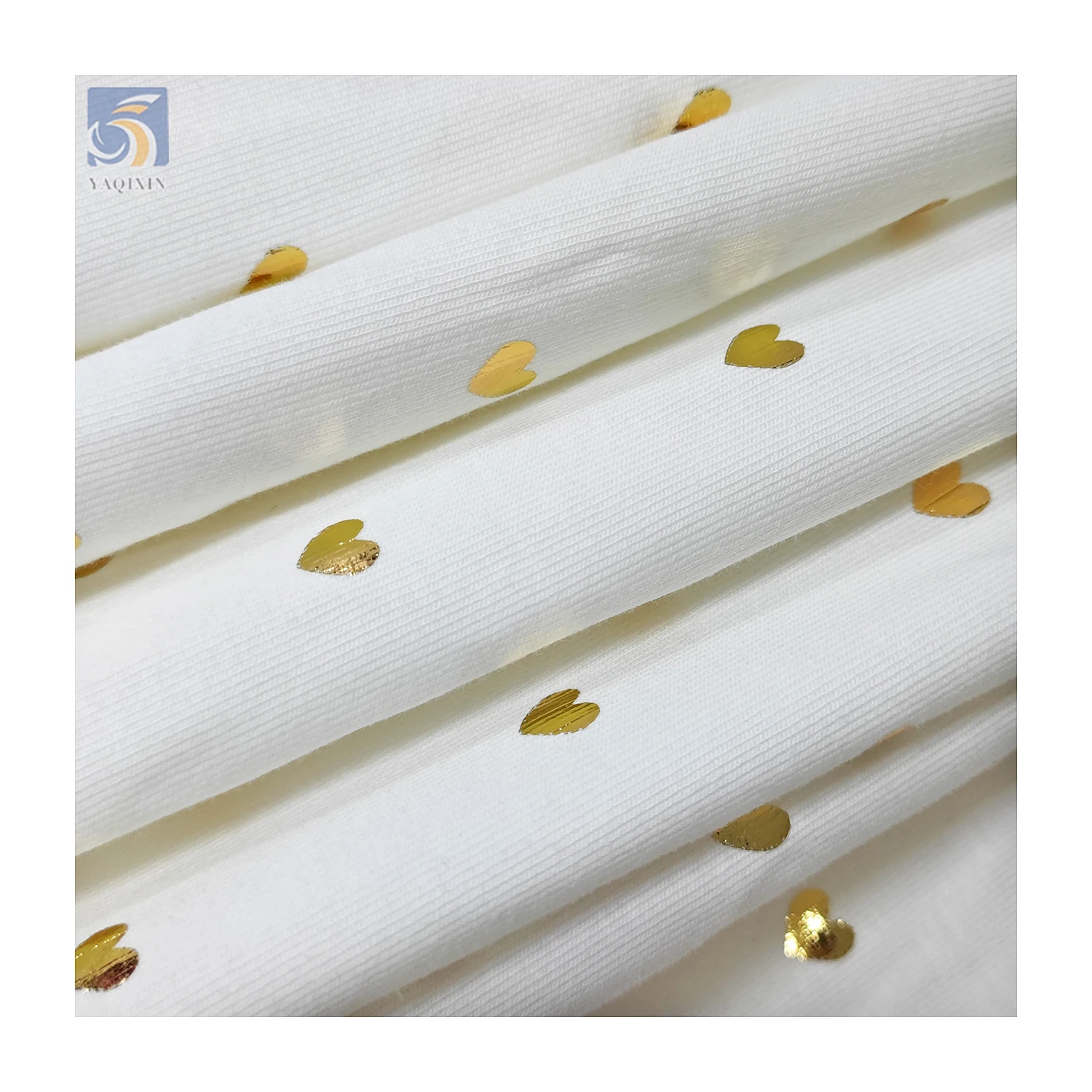 S07 Custom Heart Foil Printed 40S 1X1 Rib Knitted Cotton Jersey Fabric Cotton Spandex Stretch T-shirts Sportswear Fabric - 图片 3
