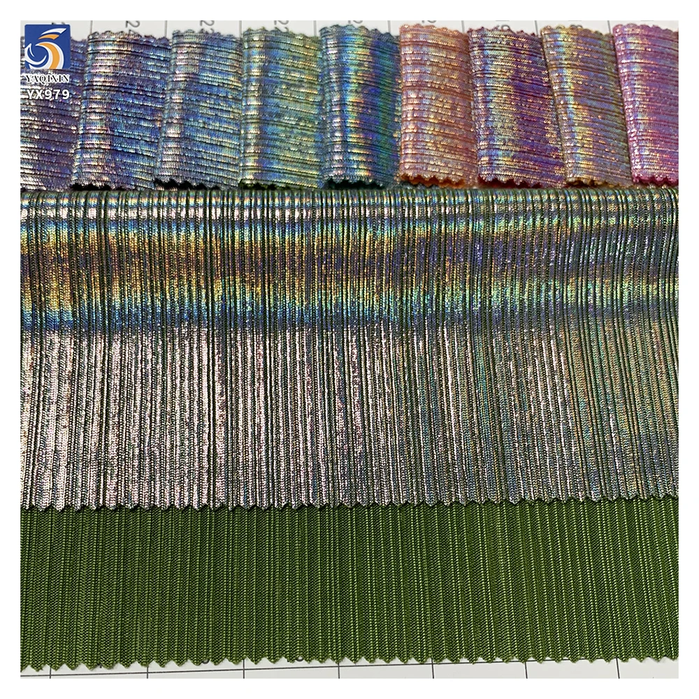 YX979 200gsm New Material Design Holographic Film Knit Stretch Toothpick Stripe Fabric High Quality Laser Lurex Fabric - 图片 3