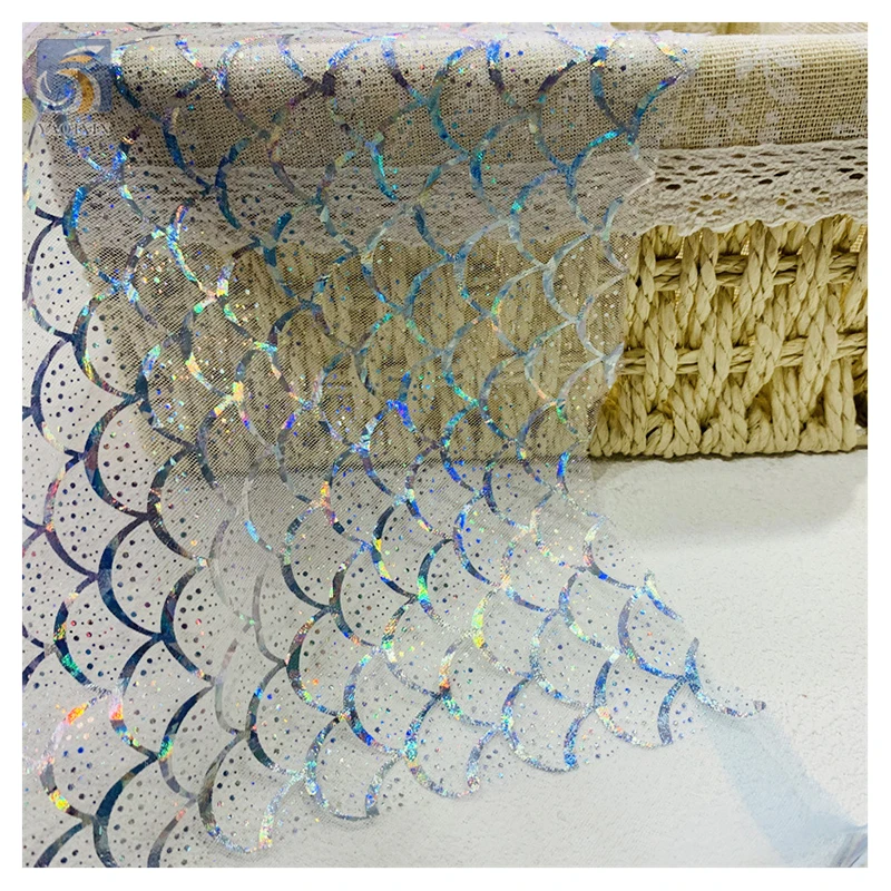 2025 Novel Tulle Rainbow Print Tulle Mesh Fabric Shiny Colored Fish Scale Design Romantic Fancy Tulle Fabric - 图片 5