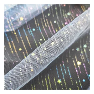 Lace Fabric Sky Blue Mesh Glitter Tulle Lace Fabric with Colorful Shooting Star for Baby Tutu Dress Fabric