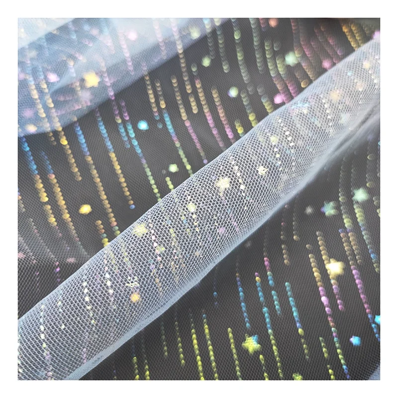 Lace Fabric Sky Blue Mesh Glitter Tulle Lace Fabric with Colorful Shooting Star for Baby Tutu Dress Fabric