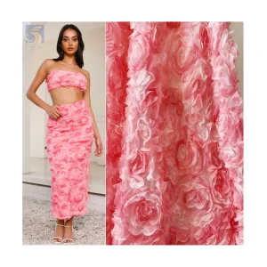 TDS002 New Arrival Gradient 3D Rose Flower Tulle Lace Fabric Chiffon Rose Embroidered Tulle Fabric for Dresses