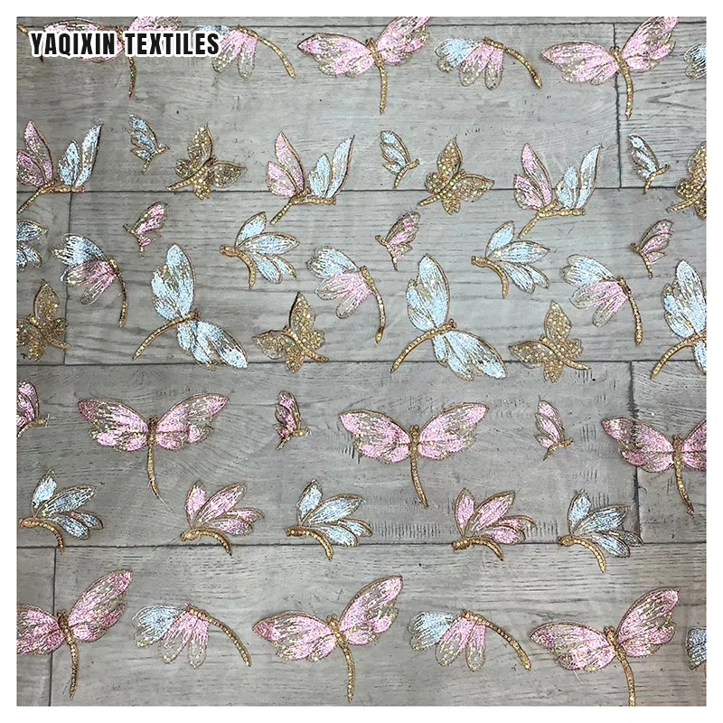 Beautiful Dragonfly Pattern Sequin Tulle Embroidery Fabric Dress 100% Polyester Mesh Sequins French Lace Fabric - 图片 4