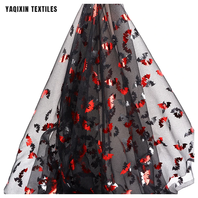YX2237 Factory Sales Halloween Demons the Bat Pattern Hot Red and White Film Printed Net Mesh Fabric Nylon Tulle Fabric - 图片 2