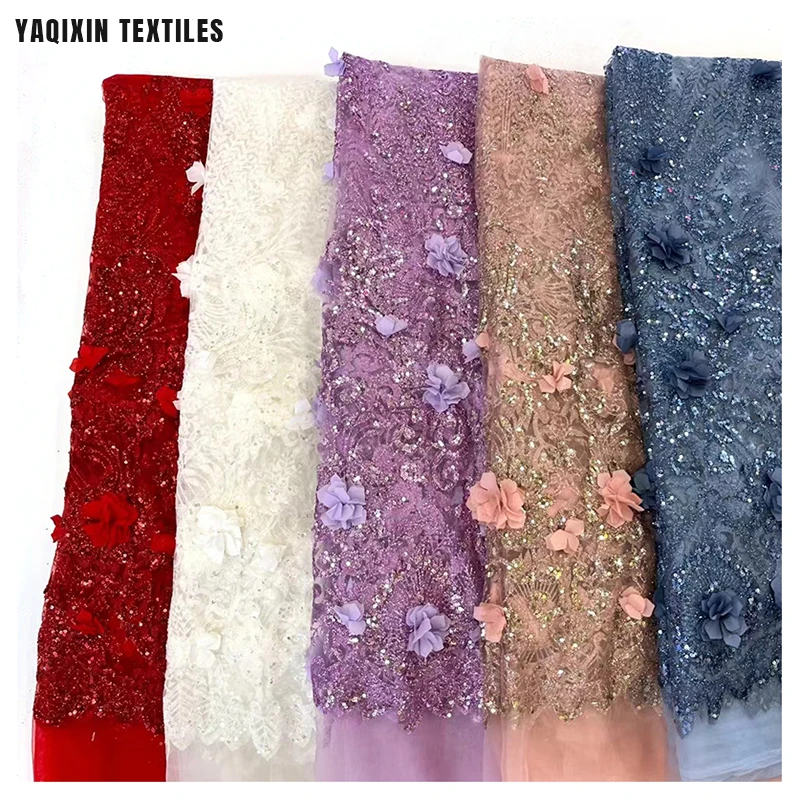 YX2256 High-End Luxury French Dress Lace Fabric Chiffon 3D Flower Pink Peach Glitter Sparkle Embroidered Tulle Lace Fabric - 图片 3
