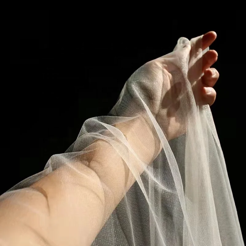 YS-001 Shimmer Mesh Illusion Nylon Tulle Fabric for Wedding Veil Soft Stretch Tulle Fabric Knitted Ivory Custom Lightweight - 图片 4