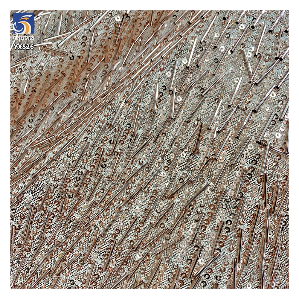 YX826 Latest Mesh Embroidery 3mm Sequins and Tube Sequins Fabric 400gsm Metallic Sequin Fabric for Suspender Skirt Party - 图片 5