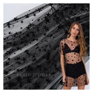 Deep Black Soft Tulle Mesh Fabric with Star Flocking Print for Women Dress Lining Fabric