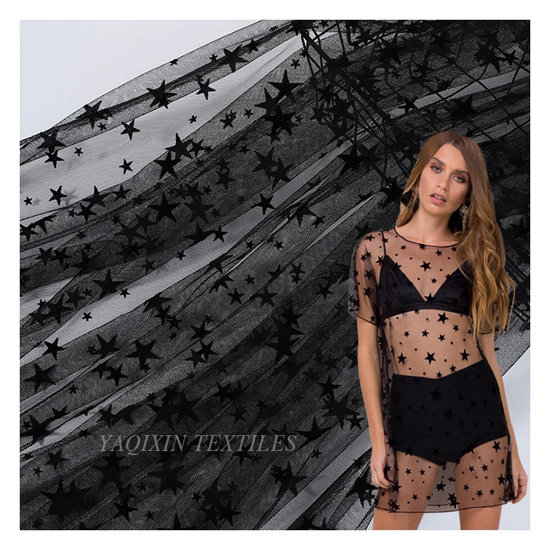 Deep Black Soft Tulle Mesh Fabric with Star Flocking Print for Women Dress Lining Fabric