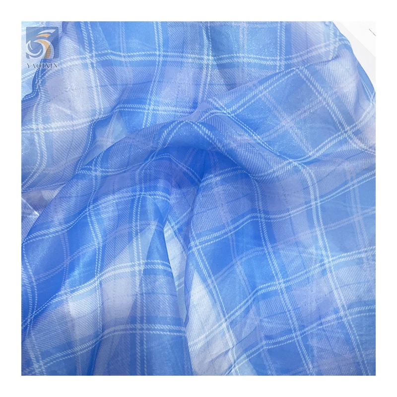 New Design Fashion Fabrics Check Printed Organza Fabric Glossy 100 Polyester Organza Printed Plaid Fabric - 图片 6