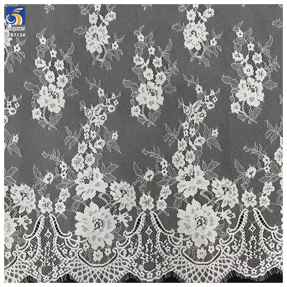YX713 Wholesale Elegant White Lace Fabric Delicate Floral Patterns Poly Eyelash Lace Fabric for Skirt & Tablecloth - 图片 3