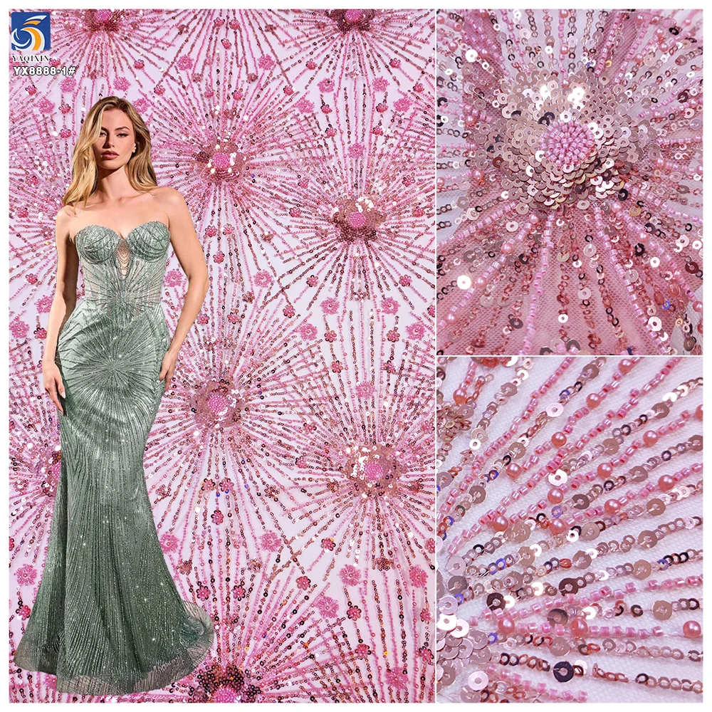 100% Polyester African Fabric for Wedding Dresses Embroidered Lace Mesh With Sequin Bead Tube Sequin Bead Wedding Dress Fabric