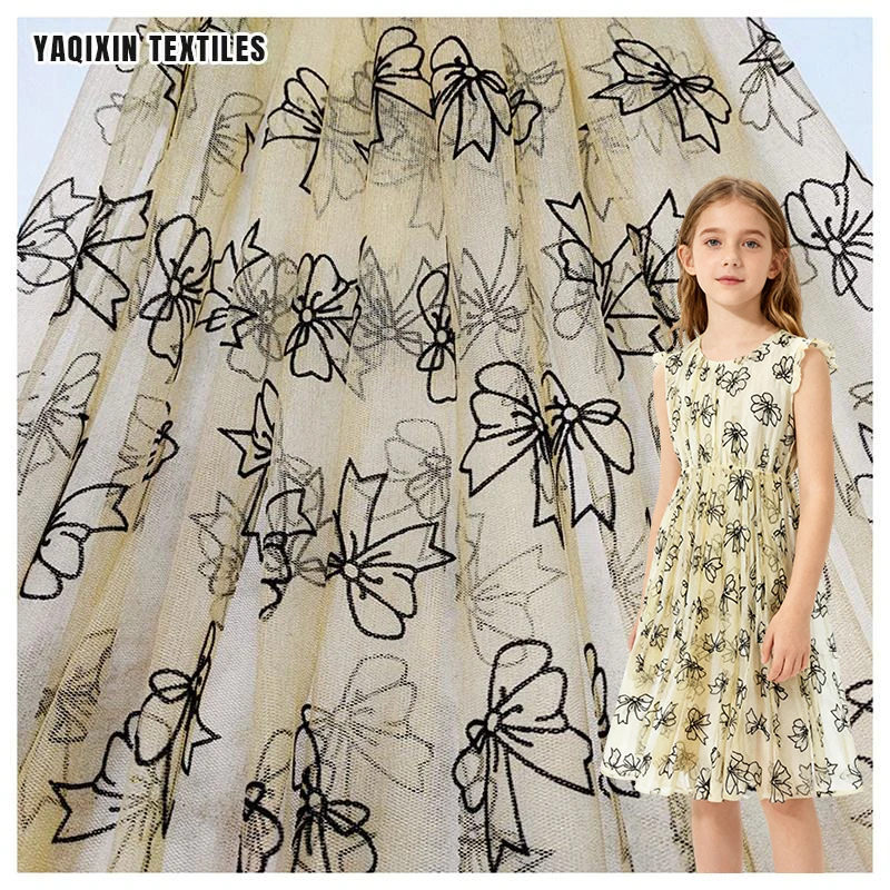 By Yards Custom Bow Flocking Polyester Tulle Mesh Fabric with Glitter Tulle Girl Babay Dress Clothing Fabric Textile