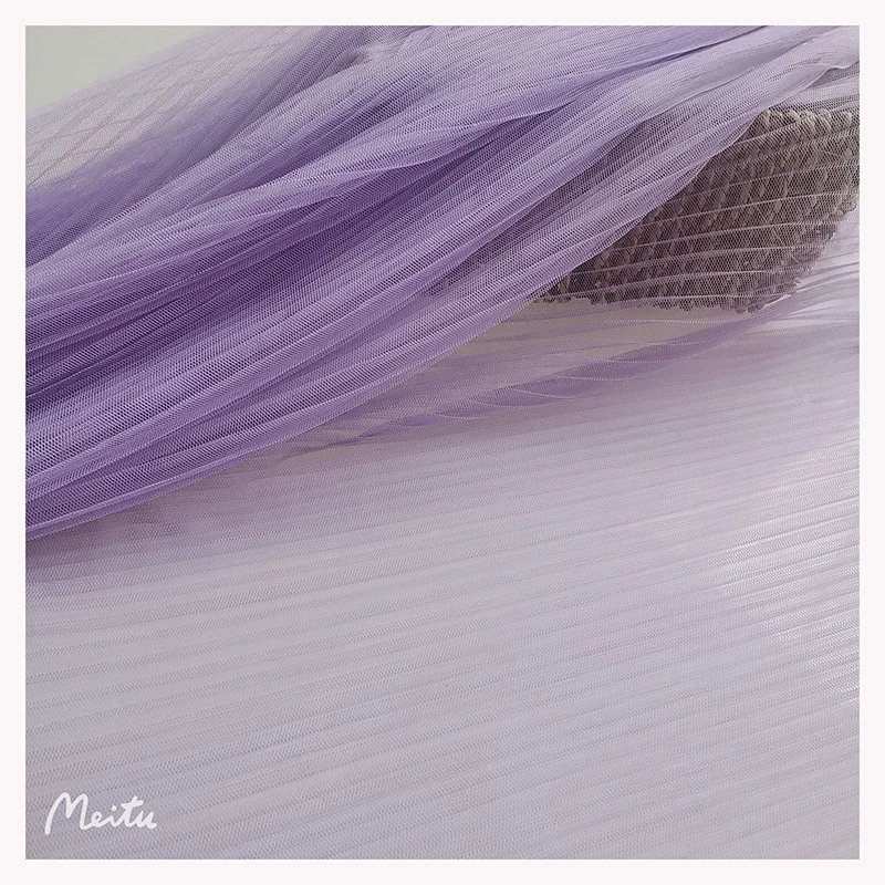 100%Polyester Ivory Pleated Tulle Fabric Crinkle Pleated Crepe Mesh Fabrics - 图片 4