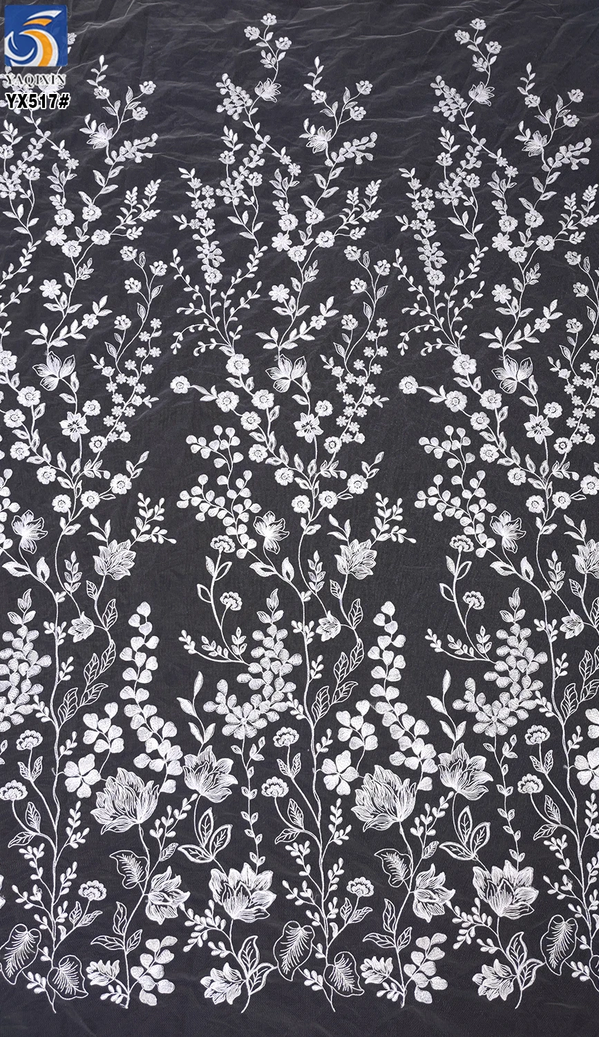 YX517 2025 China Factory Plain White Net Embroidered Flower Fabric Soft Tulle Lotus Flowers Embroidered White Fabric - 图片 6