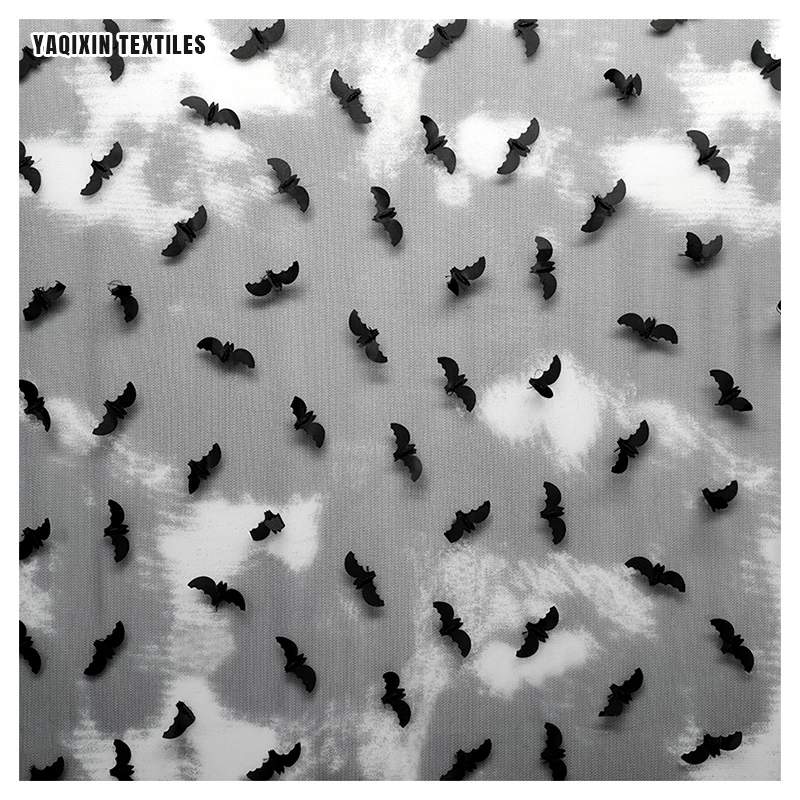 YX2265 New Black and White Tie-Dyed Polyester Mesh Tulle Fabric Embroidery Black 3D Bat Halloween 2025 Fabric Clothing Textile