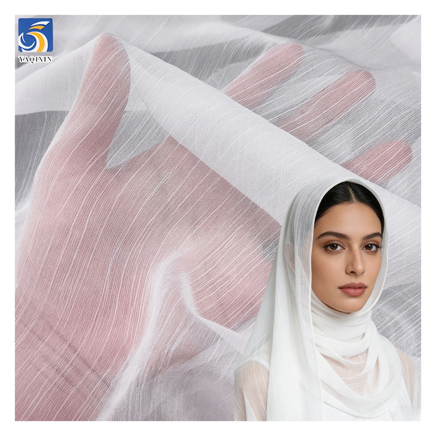 YX495 Arabic Headdress Scarf Silk Chiffon Wrinkle Fabric 42gsm White Polyester French Wrinkled Crepe Silk Chiffon Fabric - 图片 3