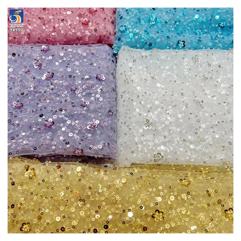 YX950 Cheap Embroidery Multicolor Sequins Beads Lace Fabric Textiles Online Wholesale Mesh Sequins Embroidered Lace Fabric - 图片 5